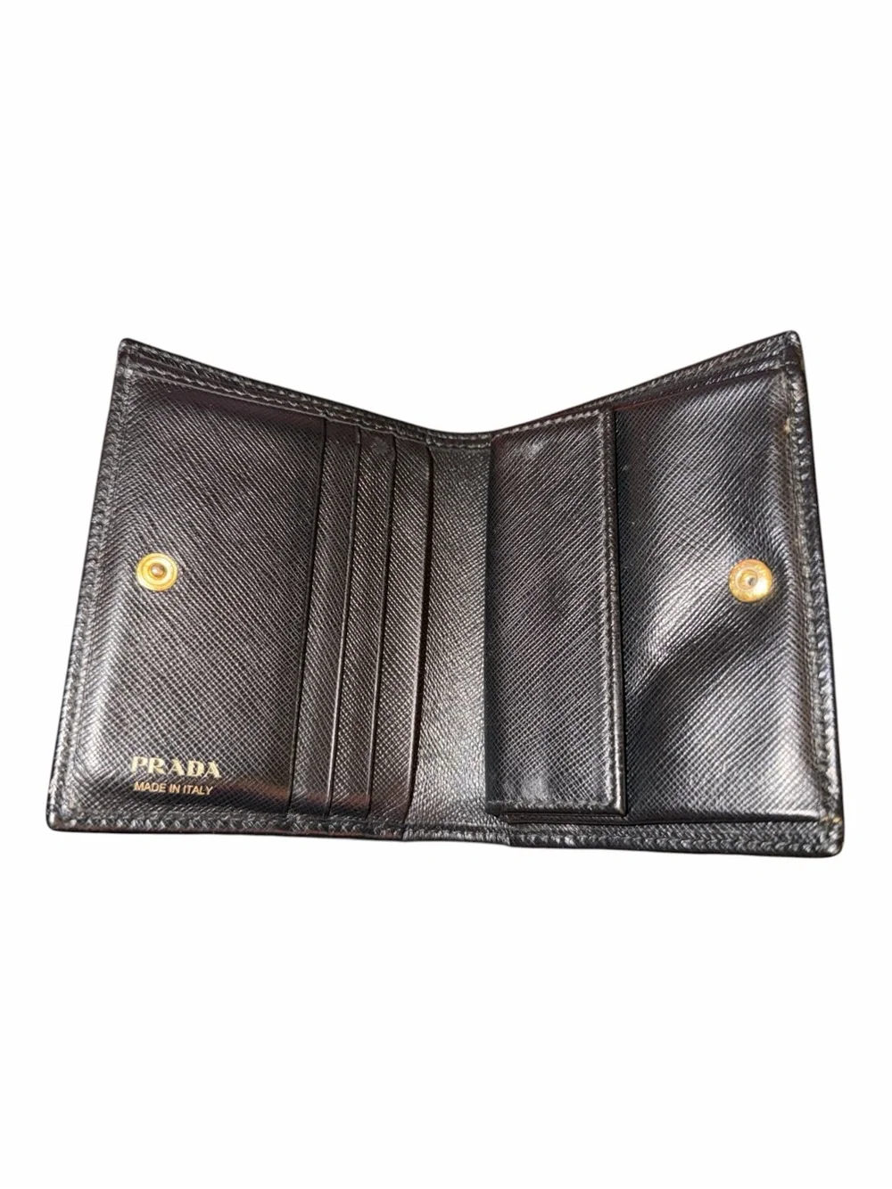PRADA Black Saffiano Leather Bi-Fold Compact Wallet Gold Logo